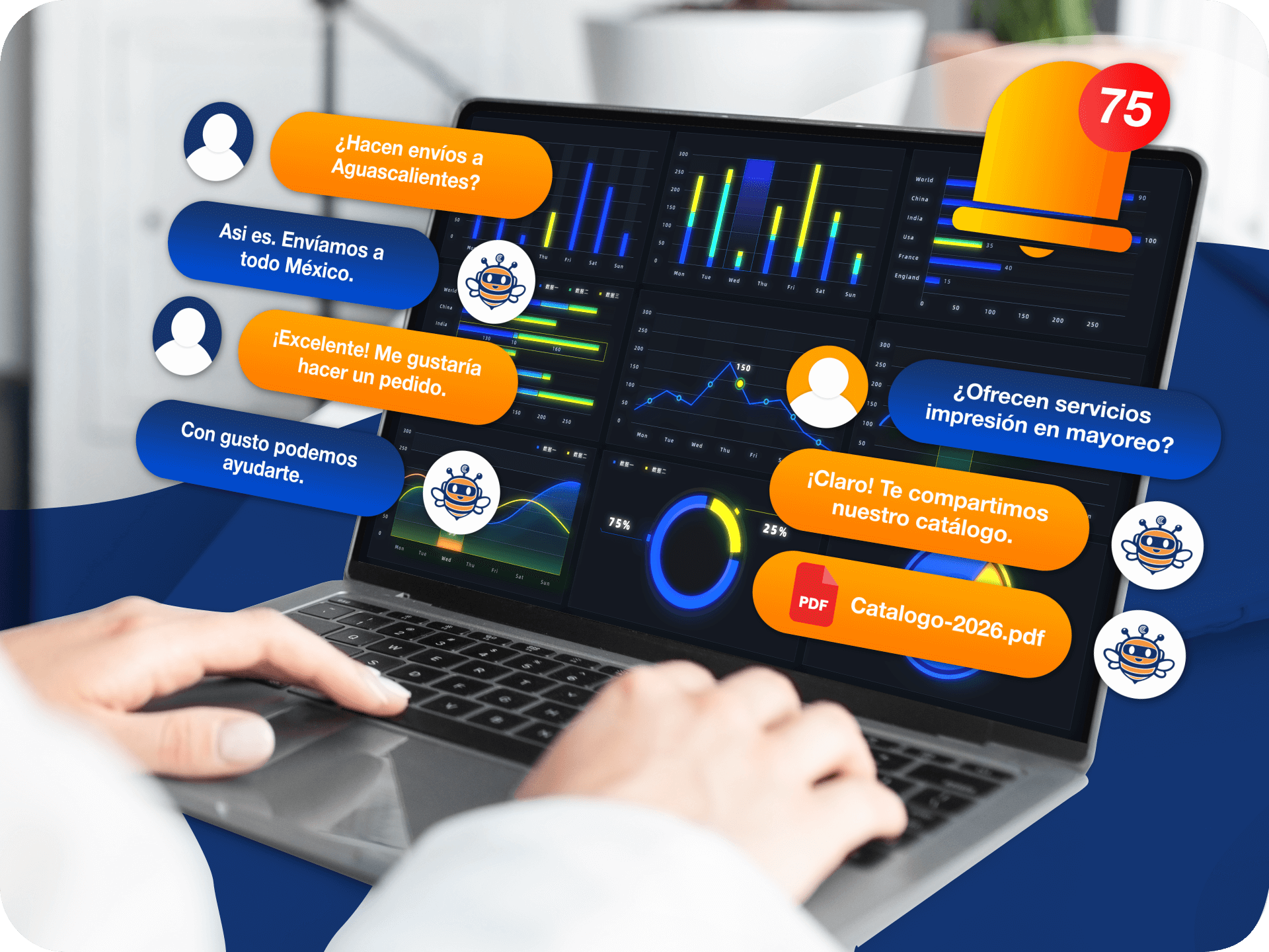 Imagen de una persona utilizando la aplicación WhatsApi para administrar sus conversaciones empresariales y revisar sus métricas.